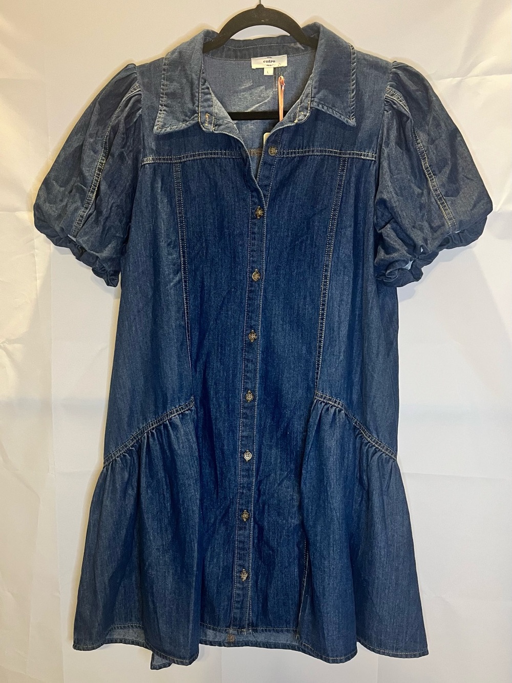 NWT Entro Denim Bubble Sleeve Mini Dress - Feminine Boho-Chic Western - Size L